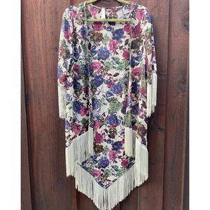 Fringed sheer kimono duster robe swim cover up